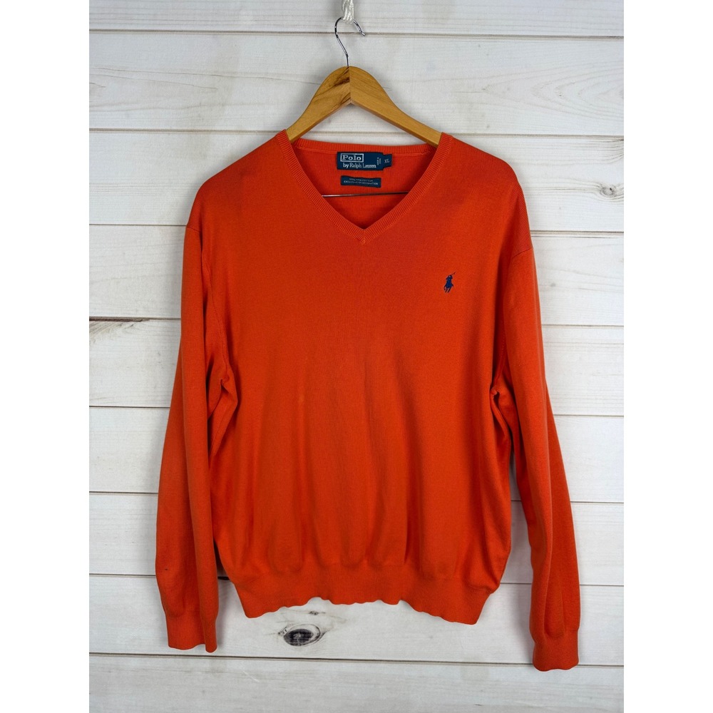 Polo Ralph Lauren Mens XL Orange Pima Cotton V-Neck Sweater Pony Logo